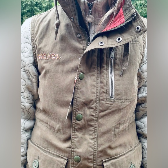 Diesel long khaki cotton cargo hooded winter vest windbreaker jacket hoodie coat - Picture 9 of 16
